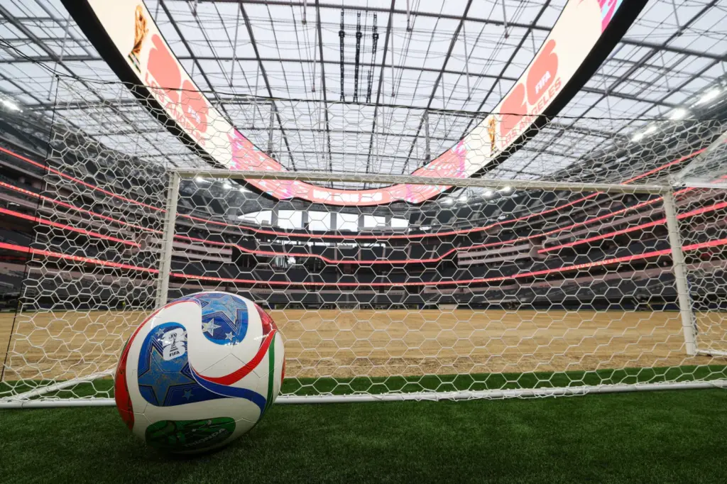 A giant ball is displayed behind a goal during the 30 Days to FIFA World Cup 2026 event at SoFi Stadium in Inglewood, California, on May 12, 2026.