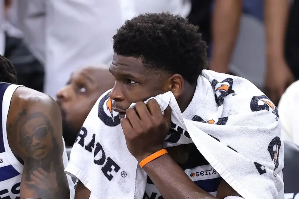 Anthony Edwards on bench at Minnesota Timberwolves playoff game