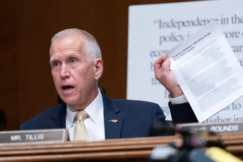 Senator Thom Tillis speaks at the confirmation hearing of Federal Reserve chair nominee Kevin Warsh on Capitol Hill on April 21, 2026.