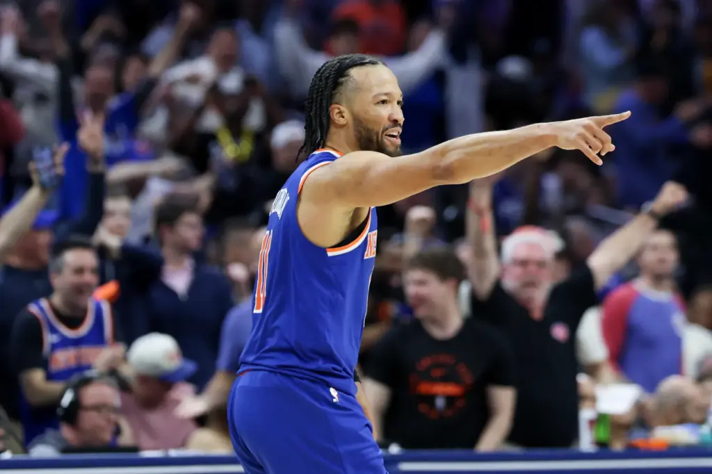 PHILADELPHIA, PENNSYLVANIA - MAY 10: Jalen Brunson #11 of the New York Knicks celebrates after a basket against the Philadelphia 76ers during the third quarter in Game Four of the Second Round of the NBA Eastern Conference Playoffs at Xfinity Mobile Arena on May 10, 2026 in Philadelphia, Pennsylvania. NOTE TO USER: User expressly acknowledges and agrees that, by downloading and or using this photograph, User is consenting to the terms and conditions of the Getty Images License Agreement. (Photo by Emilee Chinn/Getty Images)