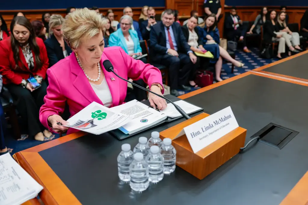 U.S. Secretary of Education Linda McMahon testifies before the House Committee on Education and Workforce at the Rayburn House Office Building on May 14 in Washington, DC. (Photo by Heather Diehl/Getty Images)