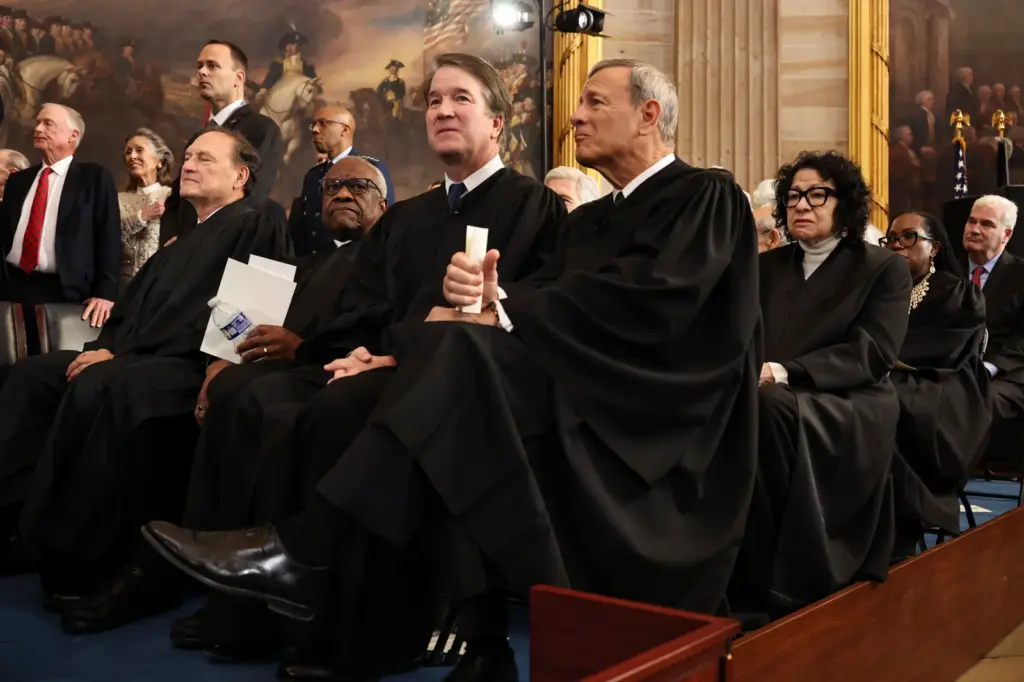 Counterclockwise, starting front left, Supreme Court Justices Samuel Alito, Clarence Thomas, Brett Kavanaugh, Chief Justice John Roberts, Justices Sonia Sotomayor and Ketanji Brown Jackson attend President Donald Trump's inauguration ceremonies in the U.S. Capitol on January 20, 2025, in Washington, D.C. (AP Images)