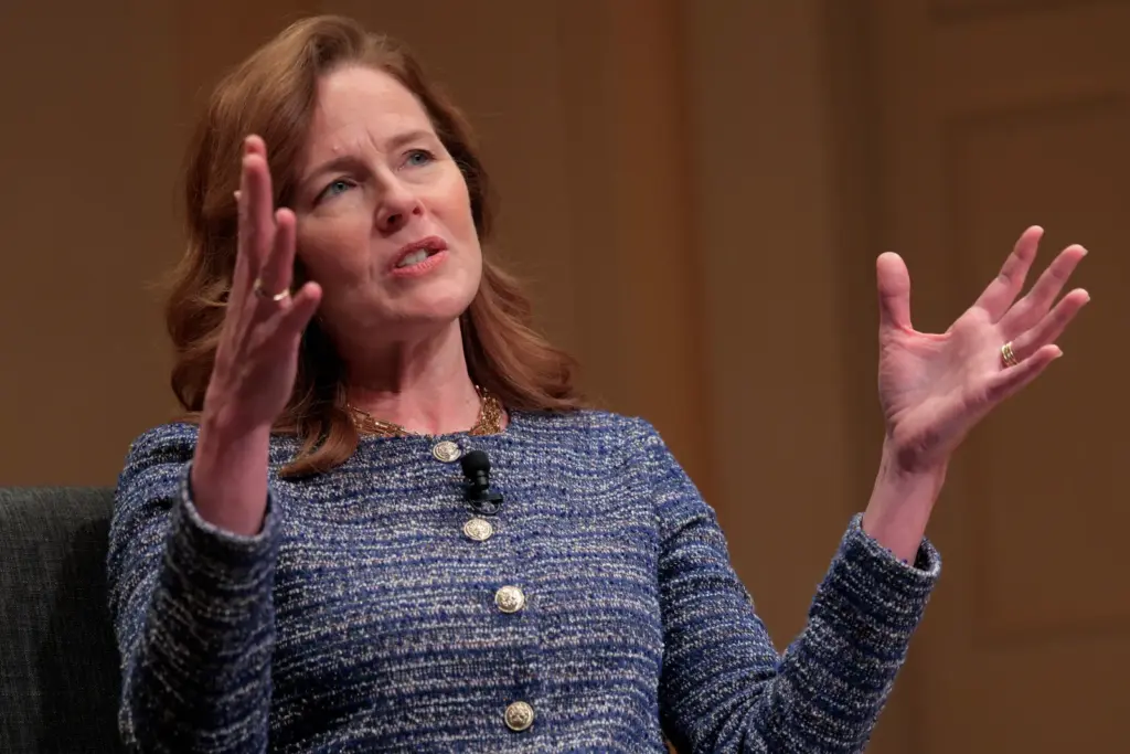 U.S. Supreme Court Associate Justice Amy Coney Barrett participates in the Supreme Court Fellows Program Annual Lecture in the Coolidge Auditorium at the Library of Congress on March 12 in Washington, DC.