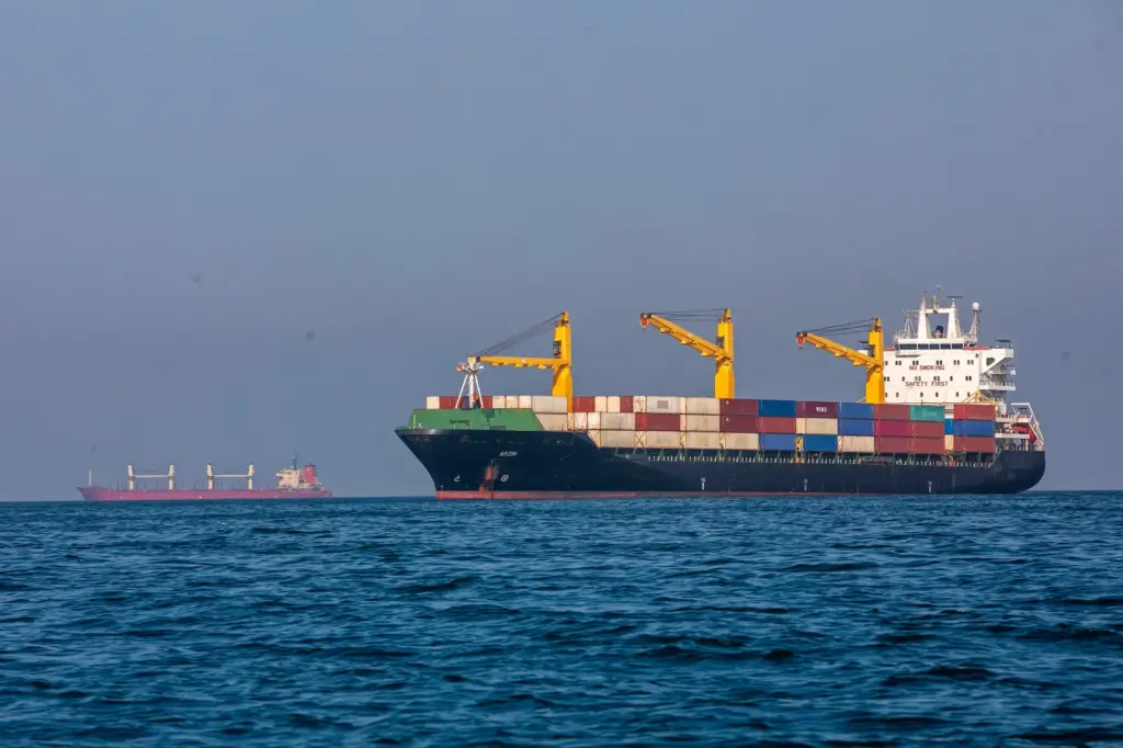 Ships remain anchored on May 16, 2026 in the Strait of Hormuz near Larak Island, Iran.
