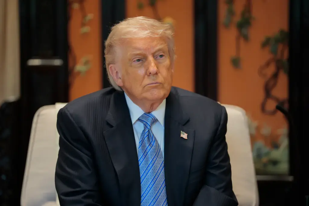 President Donald Trump looks on during a meeting with Chinese President Xi Jinping (not pictured) on the sidelines of a visit to Zhongnanhai Garden on May 15, 2026, in Beijing, China. (Photo by Evan Vucci-Pool/Getty Images)