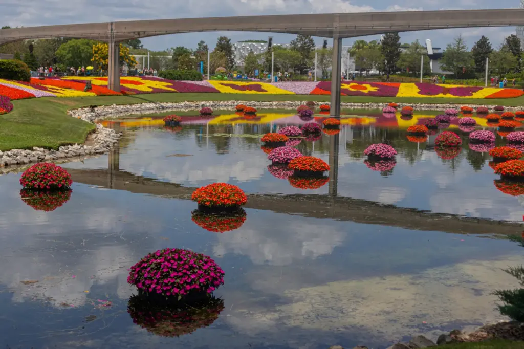 Epcot lake with multicolored flowers in May 2025.