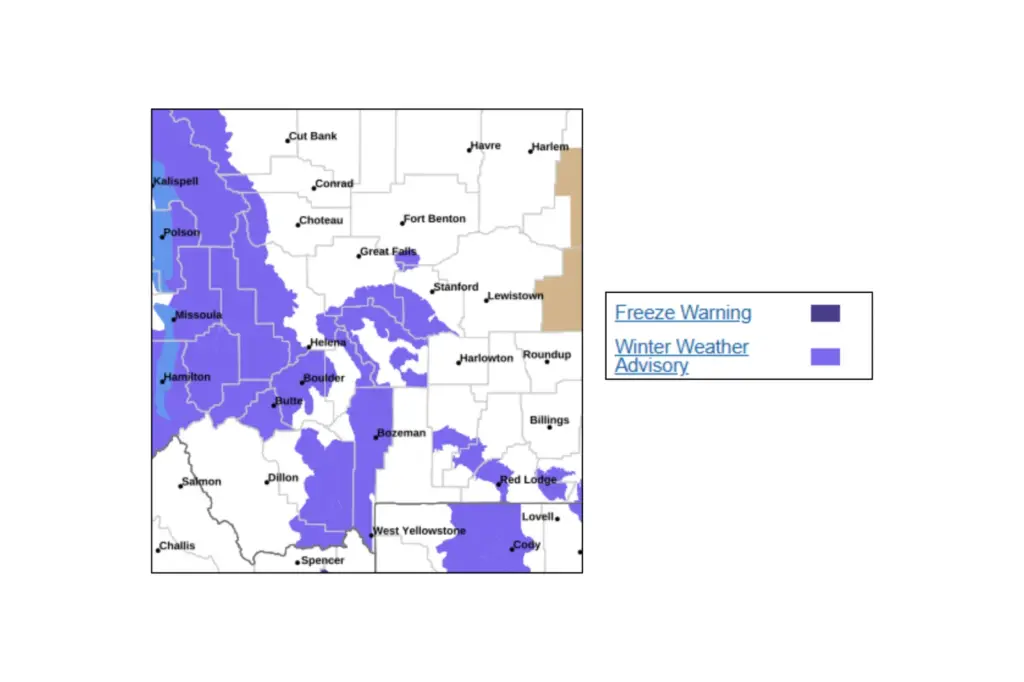 A map showing areas across Montana affected by winter weather advisories.