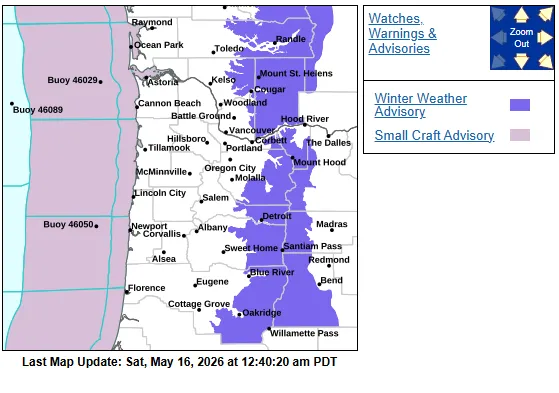 NWS map showing the impacted area in Oregon.