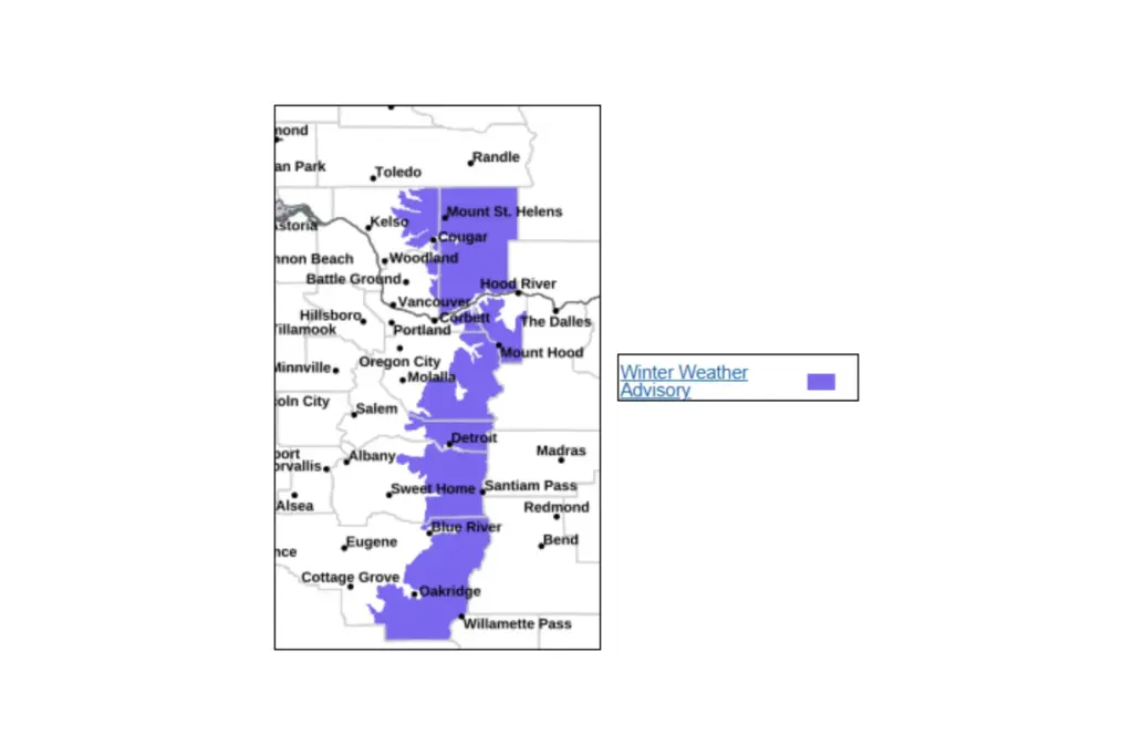 A map showing parts of the Pacific northwest affected by winter weather.