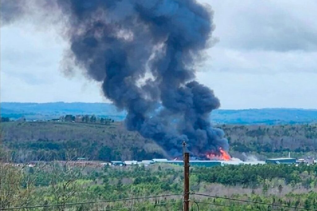 A fire and explosion at a lumber mill in Searsmont, Maine, injured at least five people Friday and prompted officials to declare a “mass casualty event,” according to Waldo County authorities. (Screengrab)