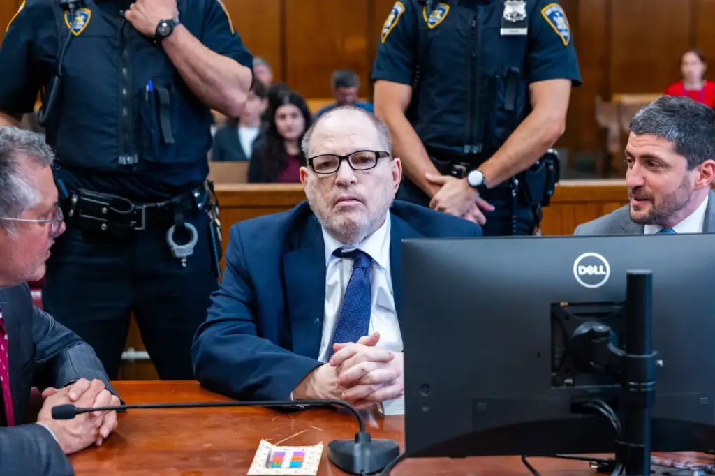 Harvey Weinstein, center, appears with attorneys Marc Agnifilo, left, and Jacob Kaplan in Manhattan criminal court on May 14, 2026, in New York. (Spencer Platt/Pool Photo via AP)