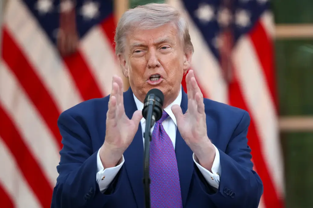 U.S. President Donald Trump delivers remarks at a 'Rose Garden Club' dinner for National Police Week in the Rose Garden at the White House on May 11, 2026 in Washington, DC.