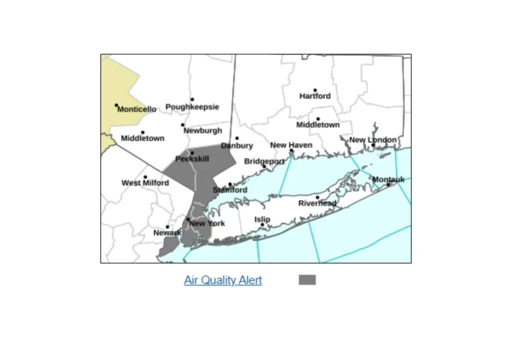 Map showing areas in and around New York affected by poor air quality on Monday, May 18, 2026 | NWS