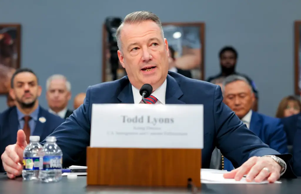 Todd Lyons, acting director of Immigration and Customs Enforcement, testifies in the Rayburn House Office Building in Washington, D.C., on April 16, 2026