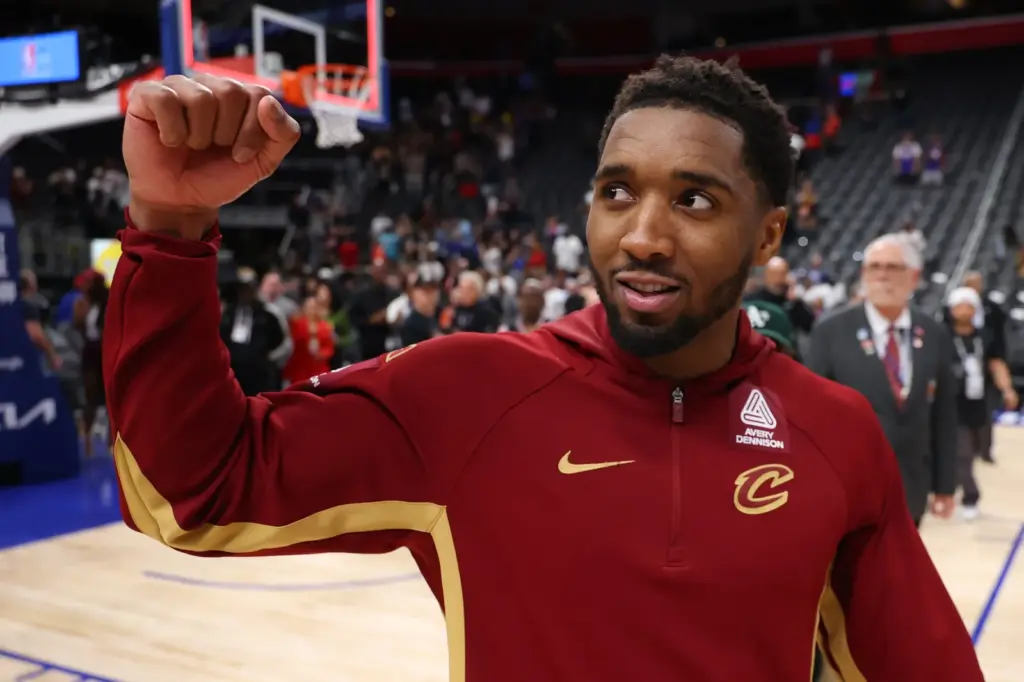 DETROIT, MICHIGAN - MAY 17: Donovan Mitchell #45 of the Cleveland Cavaliers reacts after his team defeated the Detroit Pistons 125-94 in Game Seven of the Second Round of the NBA Eastern Conference Playoffs at Little Caesars Arena on May 17, 2026 in Detroit, Michigan. (Photo by Gregory Shamus/Getty Images)