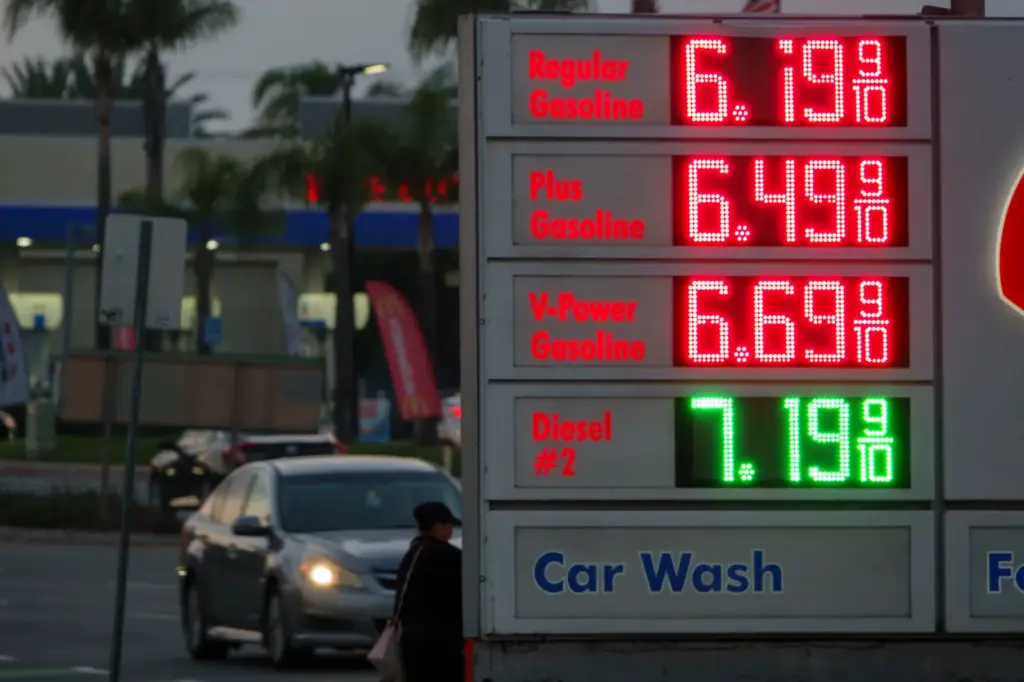 Gas prices over 6 dollars a gallon are seen on a sign at a Shell station on May 11, 2026, in San Diego