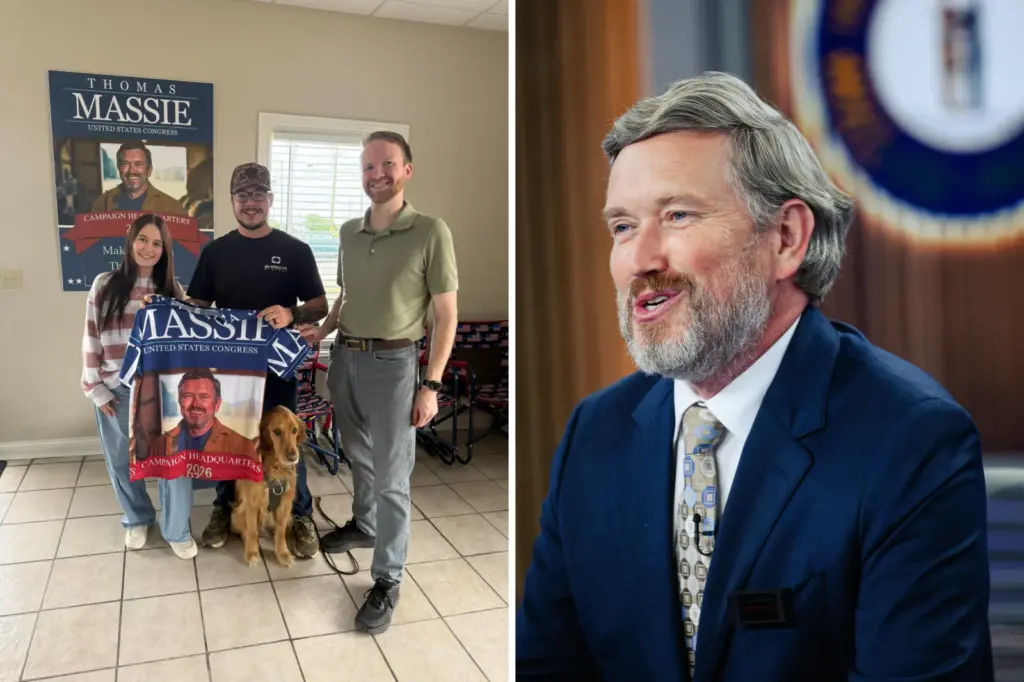 Left: Kyle Rittenhouse's image of him volunteering for Thomas Massie. Right: Rep. Thomas Massie, R-KY, sits at a table alone in the studio ahead of a Kentucky Educational Television (KET) debate, Monday, May 4, 2026, in Lexington, Ky.