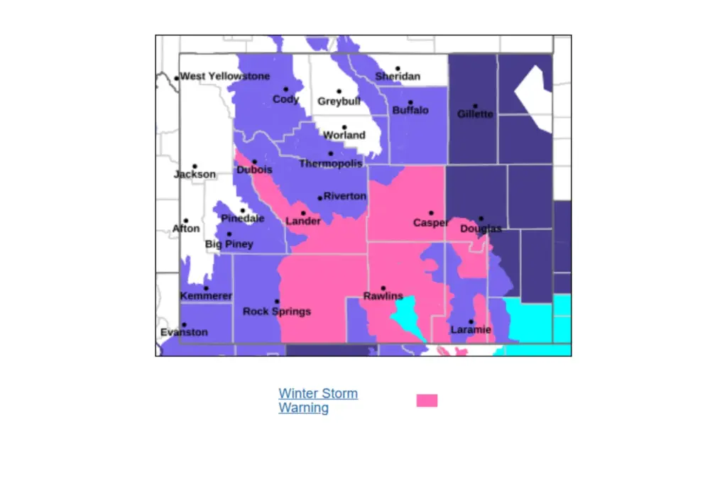A map showing areas in Wyoming that could experience severe winter storm conditions through Monday, May 18, 2026.