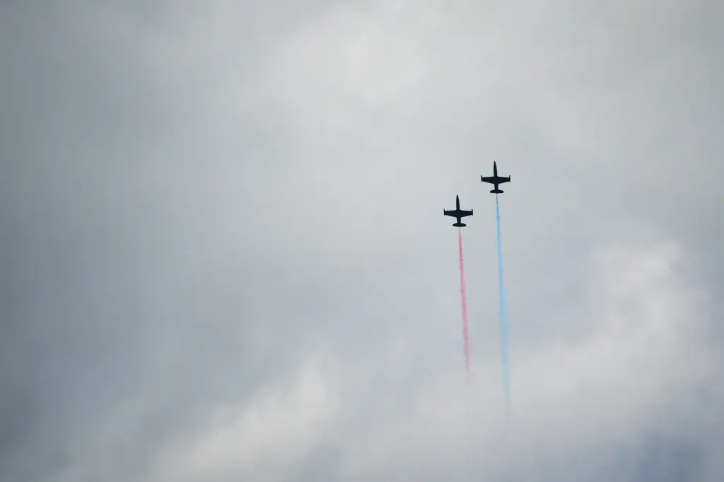 Members of the Patriots Jet Team perform during the annual Fleet Week air show in San Francisco, California, the United States on Oct 11, 2025. The U.S. Navy's aerobatics team, the Blue Angels, was unable to attend due to the U.S. government shutdown. (Photo by Ziyu Julian Zhu/Xinhua) (VCG via AP Images)