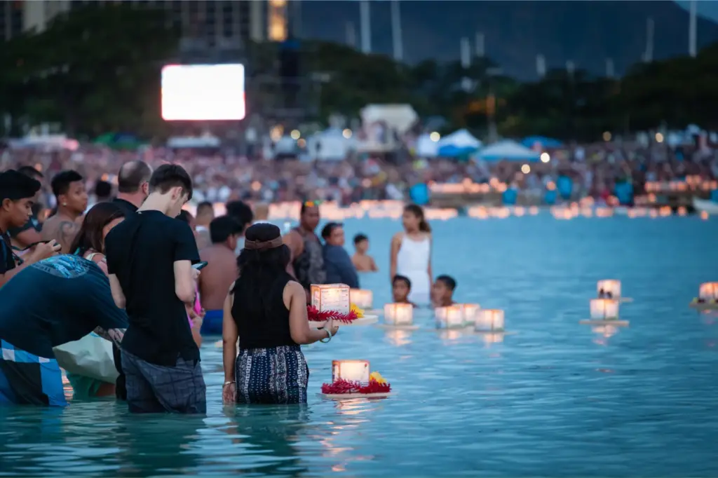 Lantern floating ceremony, an annual Memorial Day event, at Ala Moana Beach Park on Magic Island in downtown Honolulu in 2018.