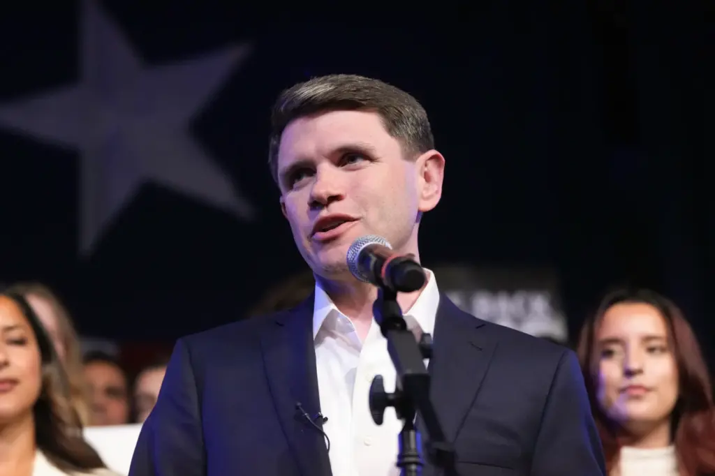 James Talarico speaks at a primary election watch party on March 3 in Austin, Texas.