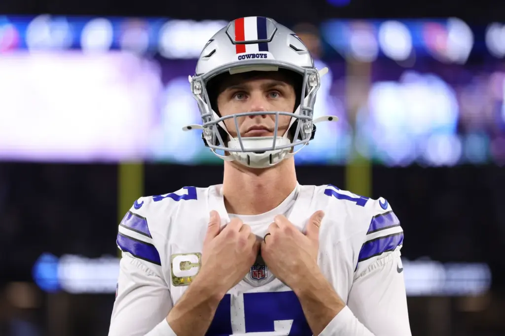 ARLINGTON, TEXAS - NOVEMBER 3: Brandon Aubrey #17 of the Dallas Cowboys looks on during warm ups prior to an NFL football game against the Arizona Cardinals at AT&T Stadium on November 3, 2025 in Arlington,Texas. (Photo by Logan Bowles/Getty Images)